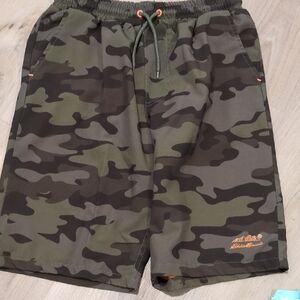 Eddie Bauer Green and Black Camo Drawstring Shorts with Orange Logo